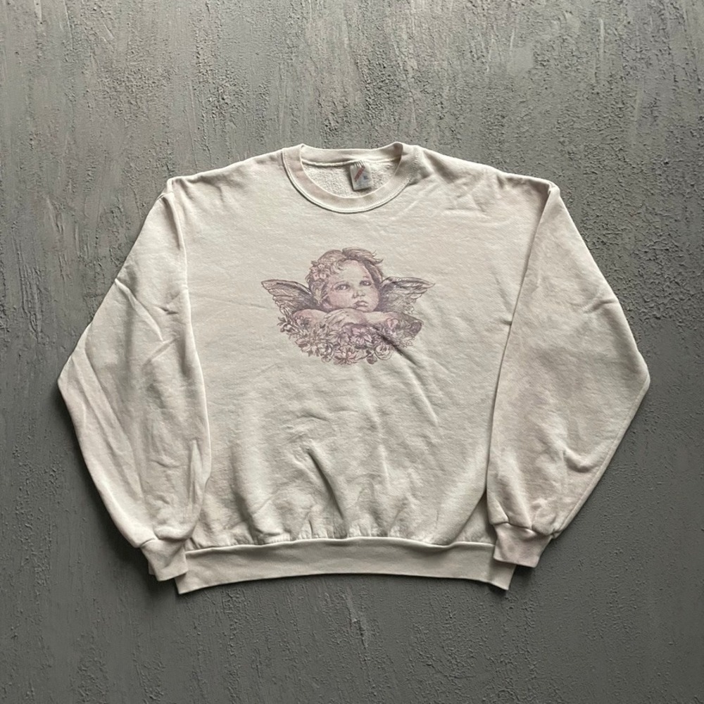 Vintage Angel Cherub Graphic Sweatshirt Unisex XL Cream 90s Jerzees